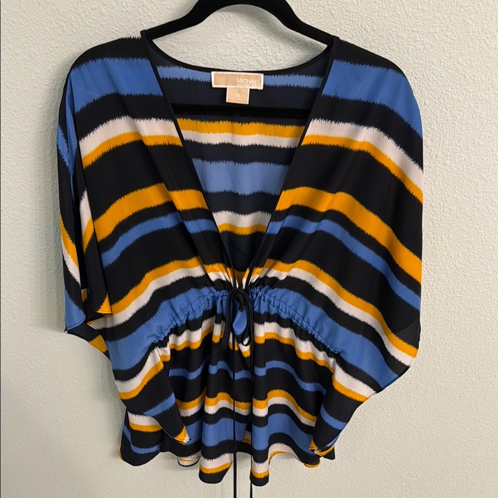 Michael Kors Black, Blue & Yellow Striped Drawstring Blouse